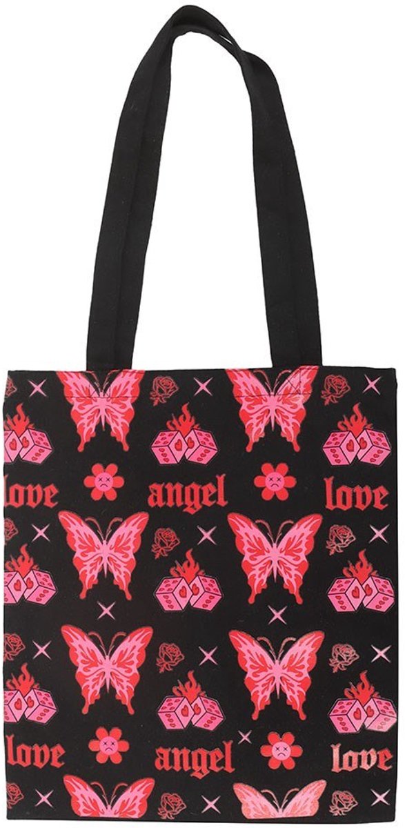 Gothic Y2K 'Flaming Butterfly' Polycotton Tote Bag - Zwarte Vlinder Draagtas - 70 cm