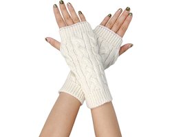 1 stuk vingerloze winterhandschoenen voor heren en dames, gebreide warme armmouwen met duimgaten, zachte pols handschoenen, korte gedraaide handschoenen, wollen halve vinger open, warme en koudebestendige polsbeschermers, arm mouwen,Wit