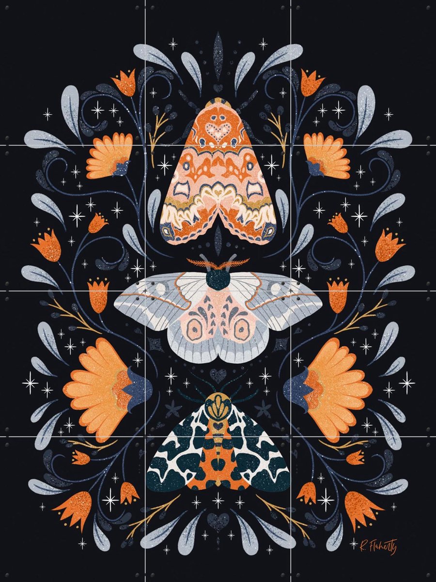 IXXI Floral Moths Black, Rebecca Flaherty - 60 x 80 cm - Gratis ophangtool - Grote wanddecoratie en posters - Illustraties, Kinderkamer, Kinderen