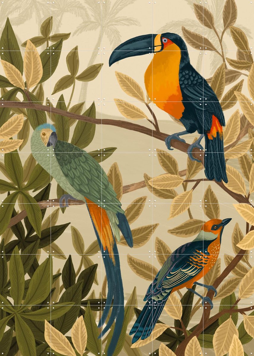 IXXI Paradise, Goed Blauw - 100 x 140 cm - Gratis ophangtool - Grote wanddecoratie en posters - Illustraties, Botanisch, Natuur, Planten, Vogels