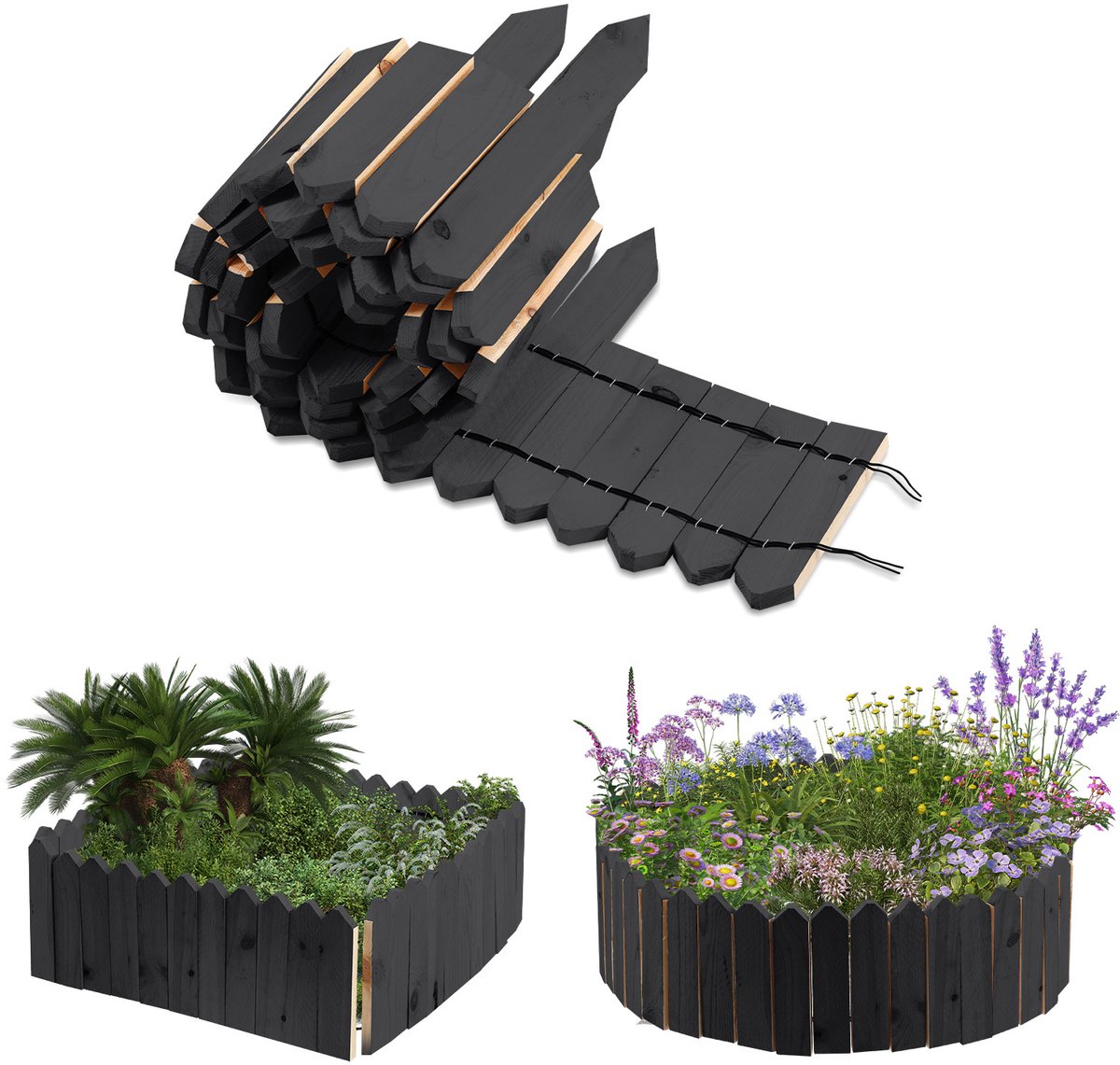 Borderranden Dennenhout 200 x 40 cm - Rollborder Flexibele Palissade houten hek - Dennenhouten Tuinafscheiding Bedrand - Decoratieve Borderranden - Antraciet
