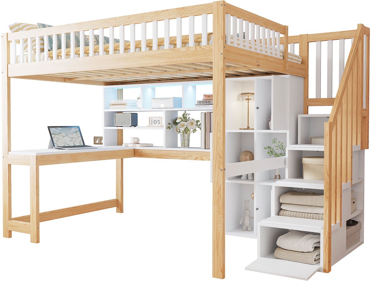 REDOM hoogslaper 140x200 cm – Grenenhout + MDF wit/naturel – LED onder bed – Opbergladder met vakken – Planken – Geïntegreerd bureau – 150 kg Wit+Natuurlijk