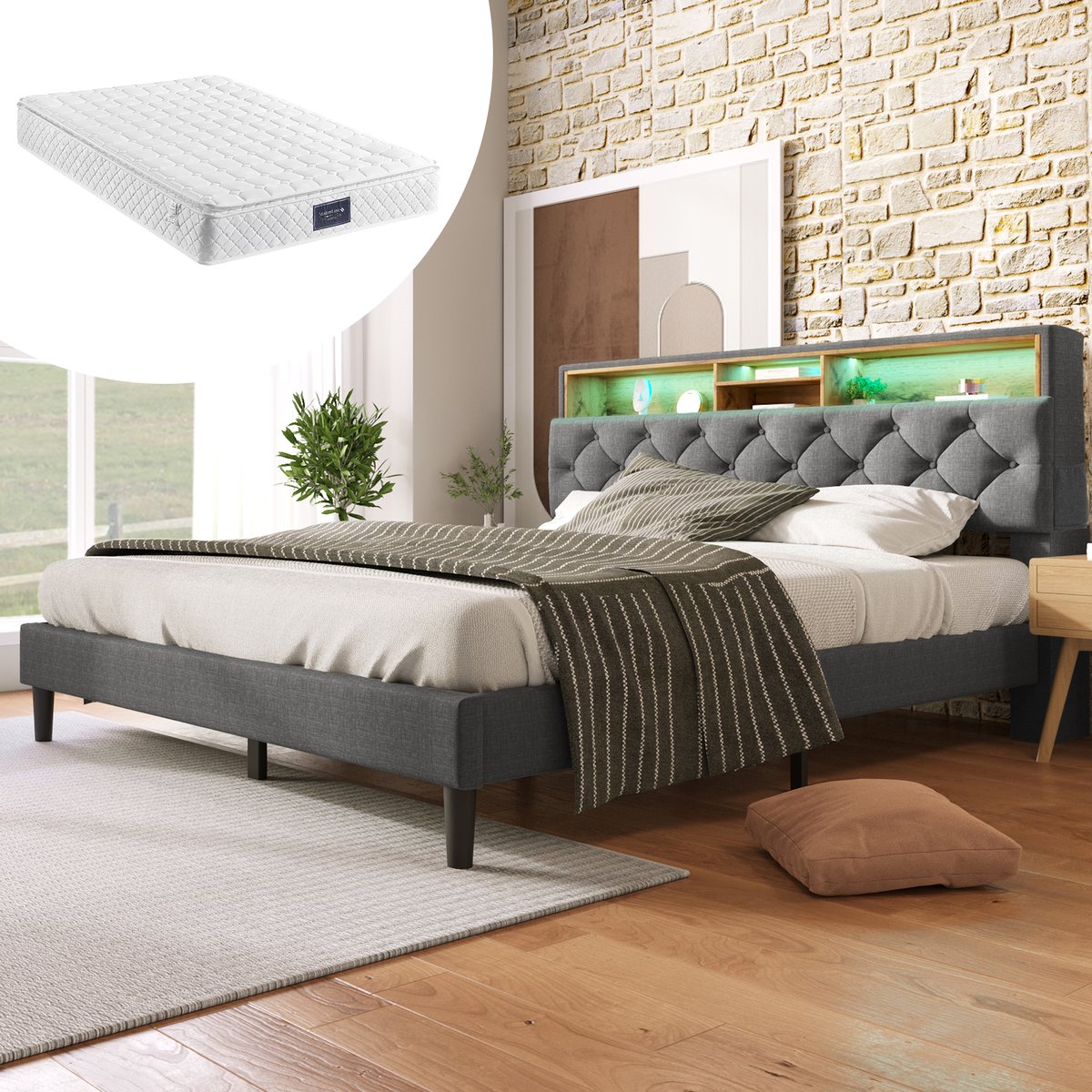 FloraGrace Gestoffeerd Bed 140x200 cm – Met Ledverlichting En Opbergruimte In Hoofdbord –