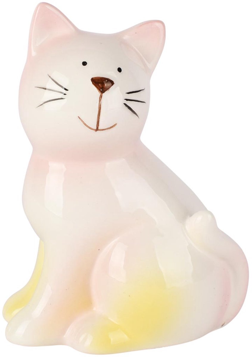 dekoratief Poes zittend 'Mia', wit/roze, dolomiet, 11x8x15cm | A260752