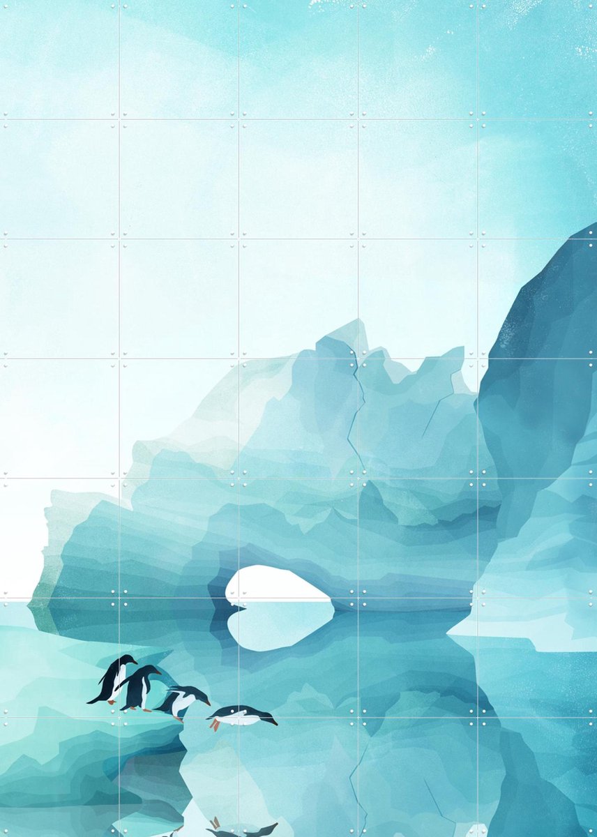 IXXI Pinguins By Day, Goed Blauw - 100 x 140 cm - Gratis ophangtool - Grote wanddecoratie en posters - Illustraties, Wilde dieren