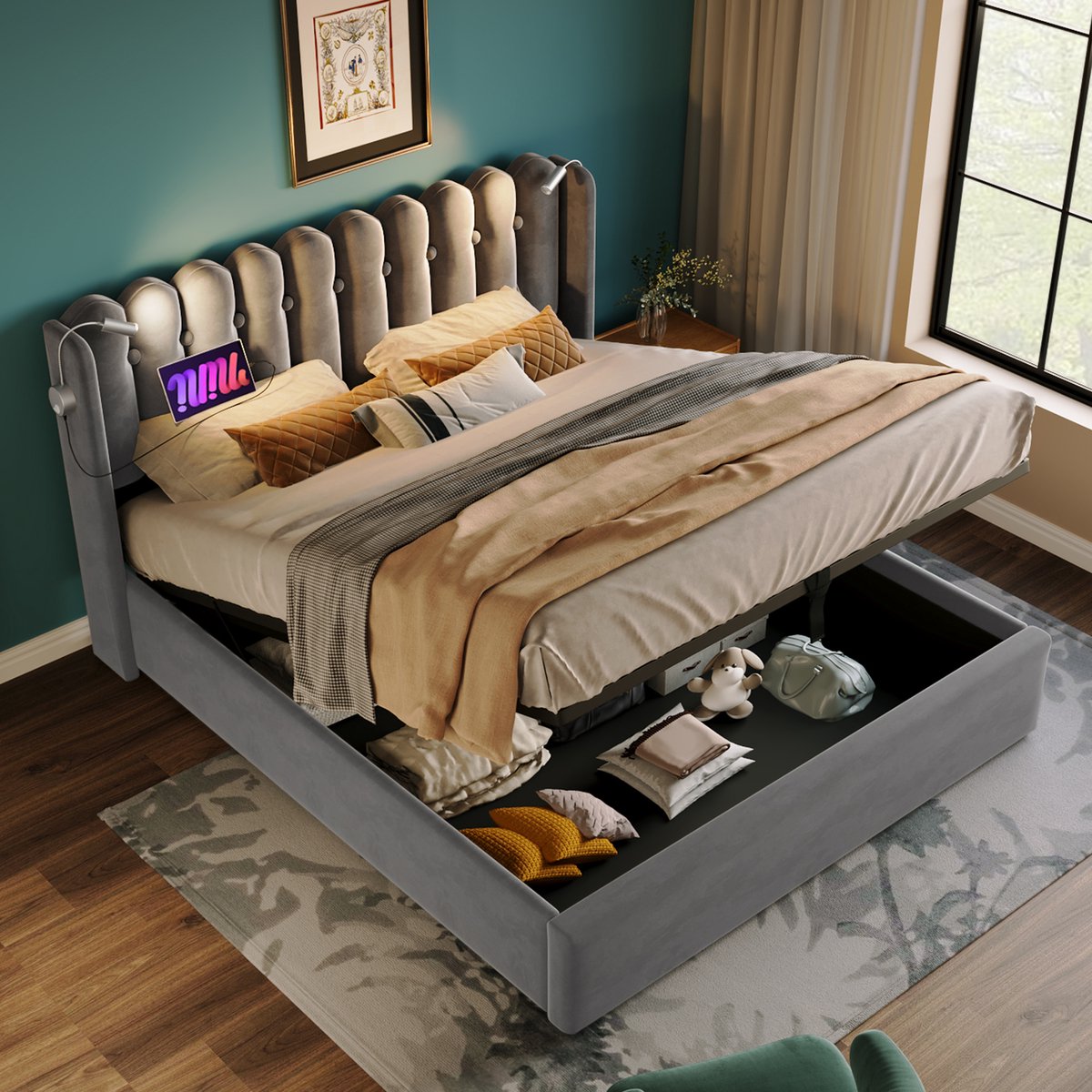 Wishdor Gestoffeerd Opbergbed 140x200 cm – Leeslamp en USB – Gasdrukveer Opbergruimte – Fl