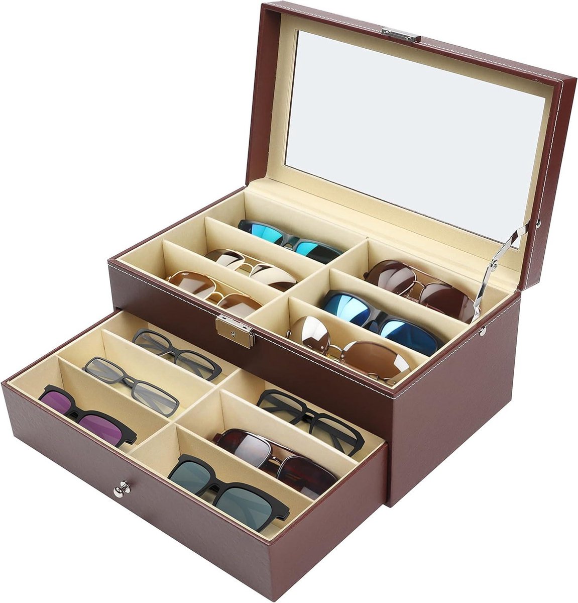 Allecto - Zonnebrillen Opbergdoos - Organiser - Zwart - Afsluitbaar - Display - Geschikt voor Zonnebrillen en Monocles - 2 Laags en 12 Compartimenten met Slot en Sleutel - 12 Sleuven - Unisex Case