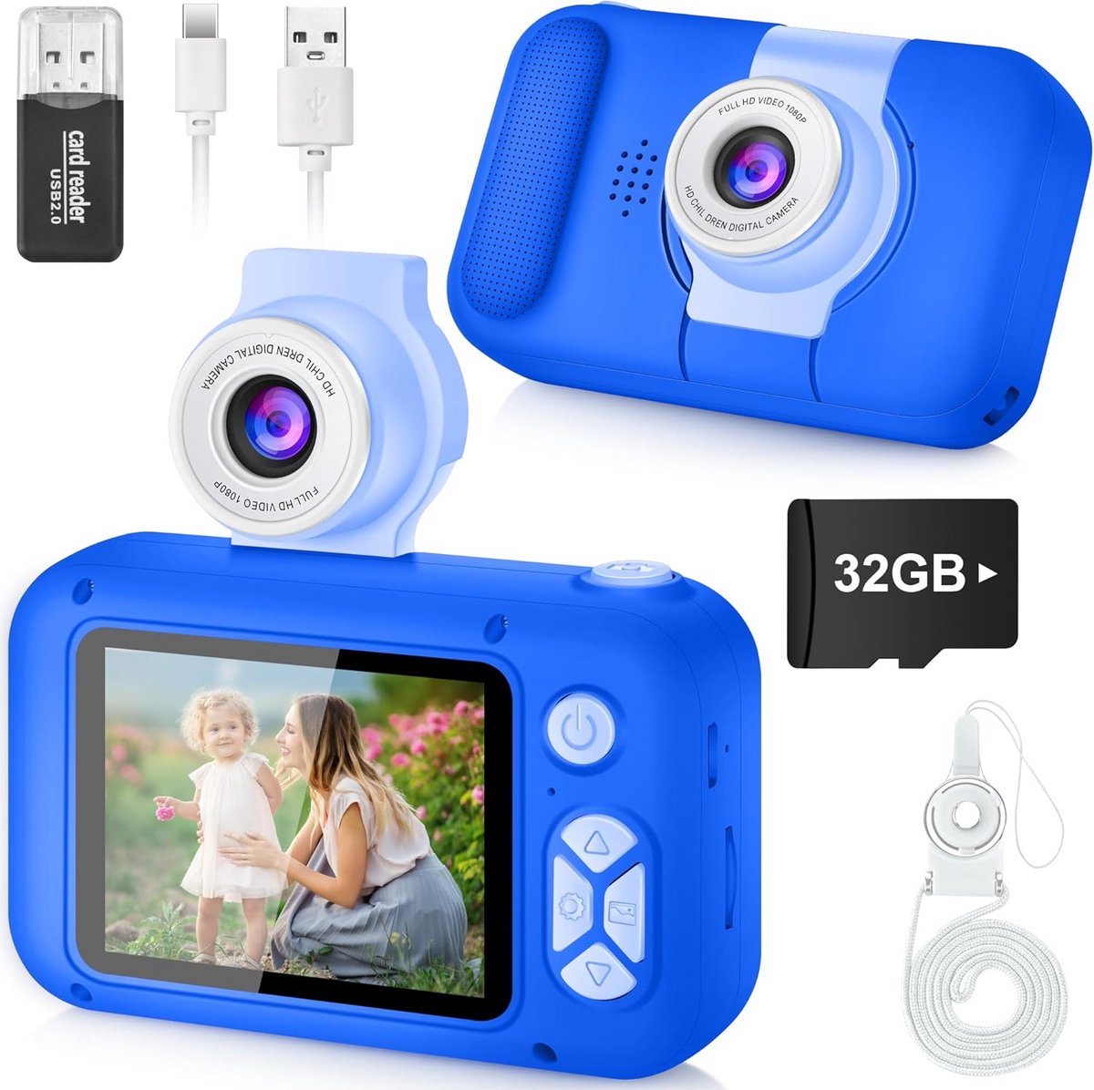 Digitale Kindercamera met Draaibare Lens, Selfie Functie en 32GB Kaart