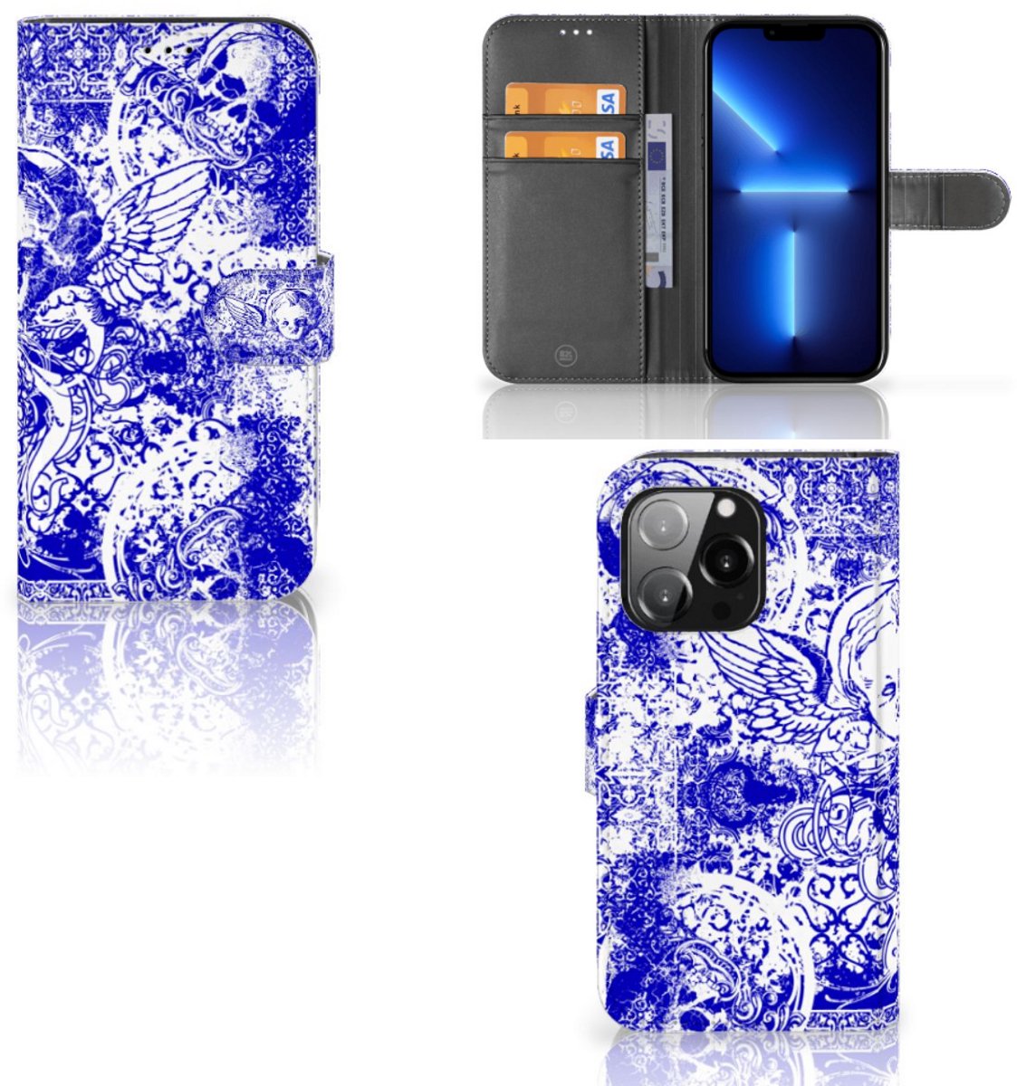 Telefoonhoesje met Naam iPhone 13 Pro Angel Skull Blauw