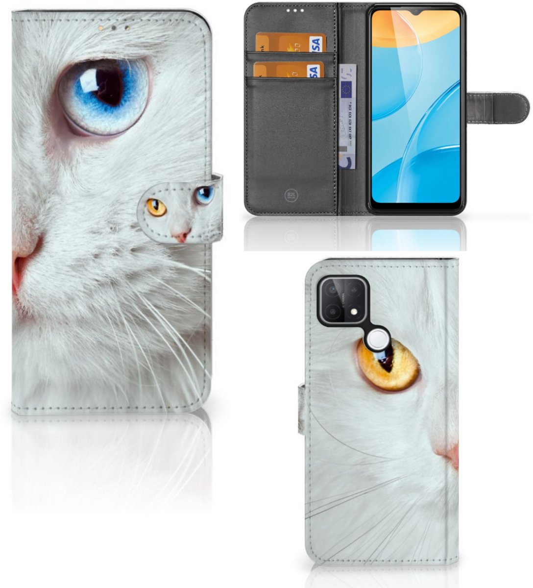 OPPO A15 Telefoonhoesje met Pasjes Witte Kat