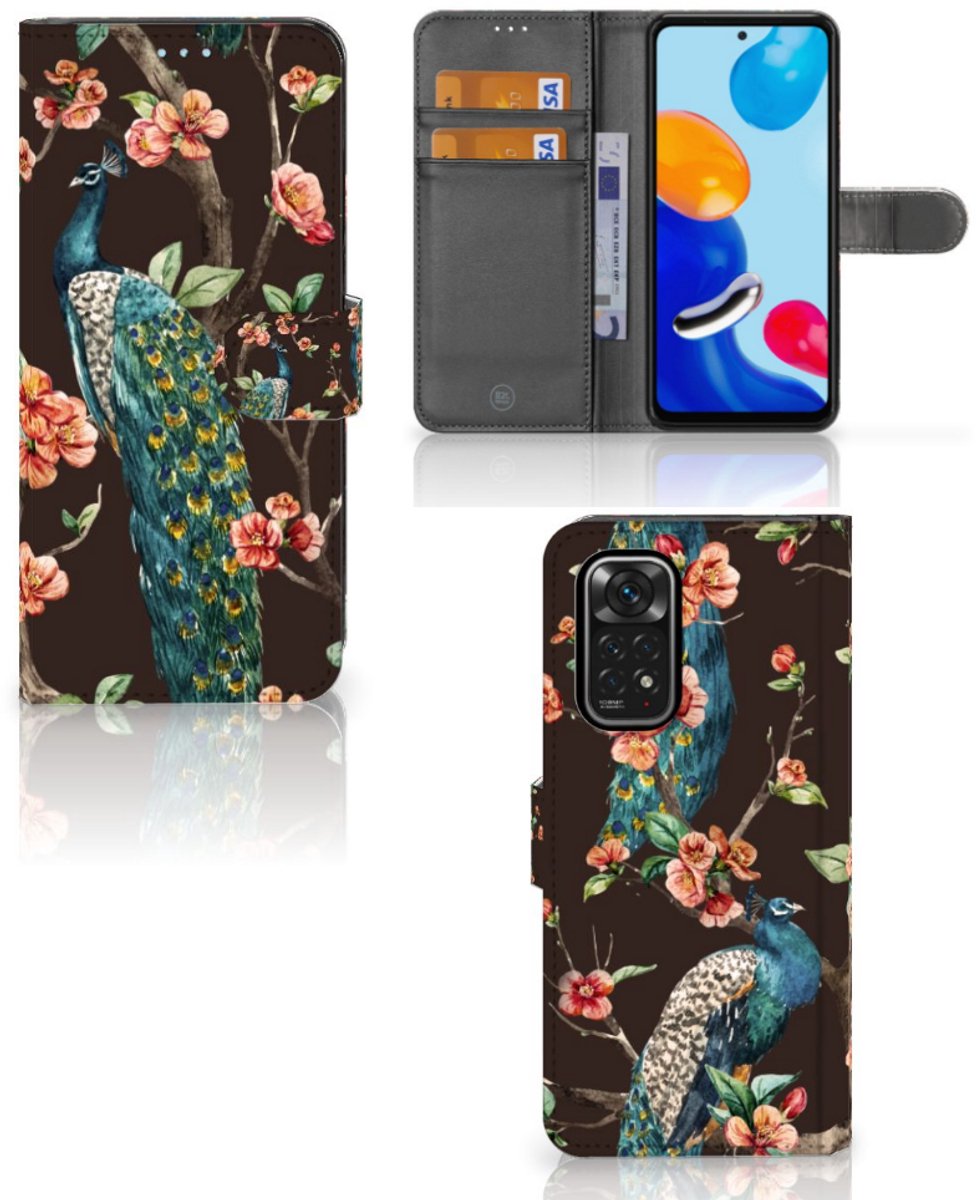 Xiaomi Redmi Note 11/11S Telefoonhoesje met Pasjes Pauw met Bloemen