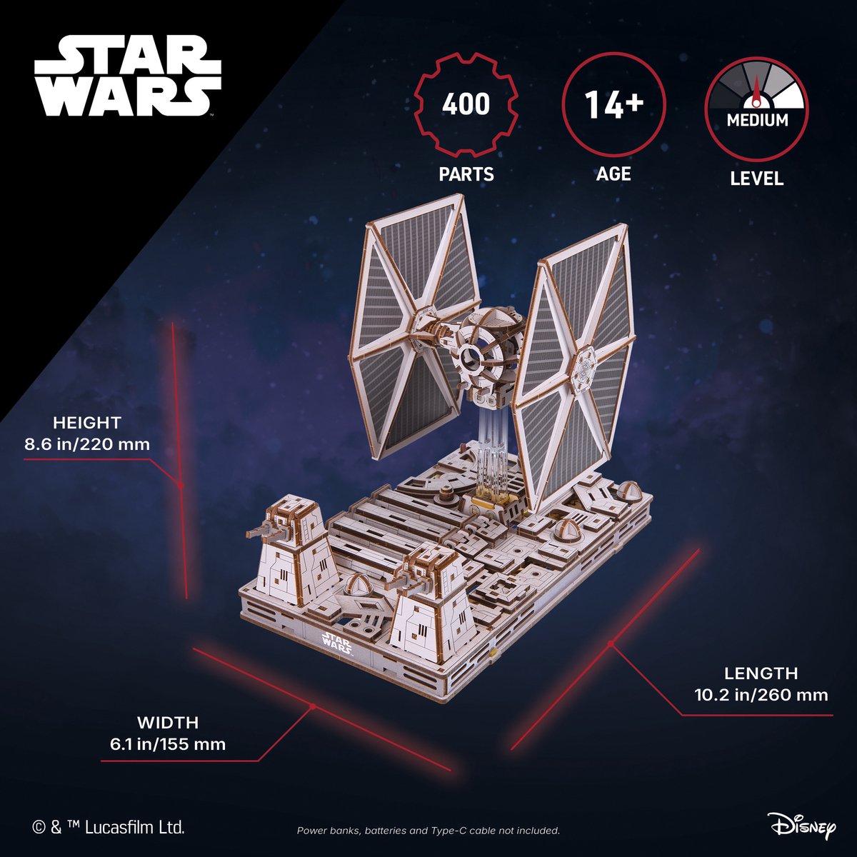 UGEARS 3D Modelbouw - Tie Fighter - Star Wars - Mechanisch Bouwpakket Hout - Educatief Speelgoed — afbeelding 19