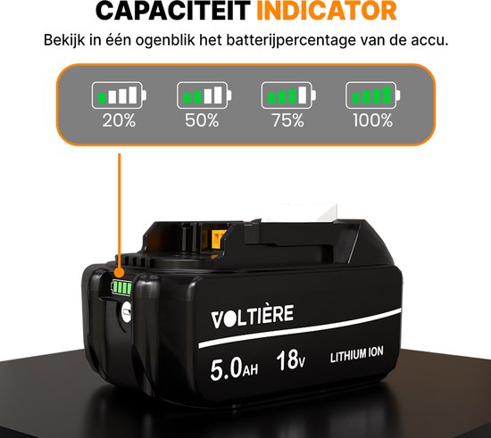 Zwarte VOLTIÈRE 18V 5.0AH Lithium Ion accu met capaciteitsindicator.