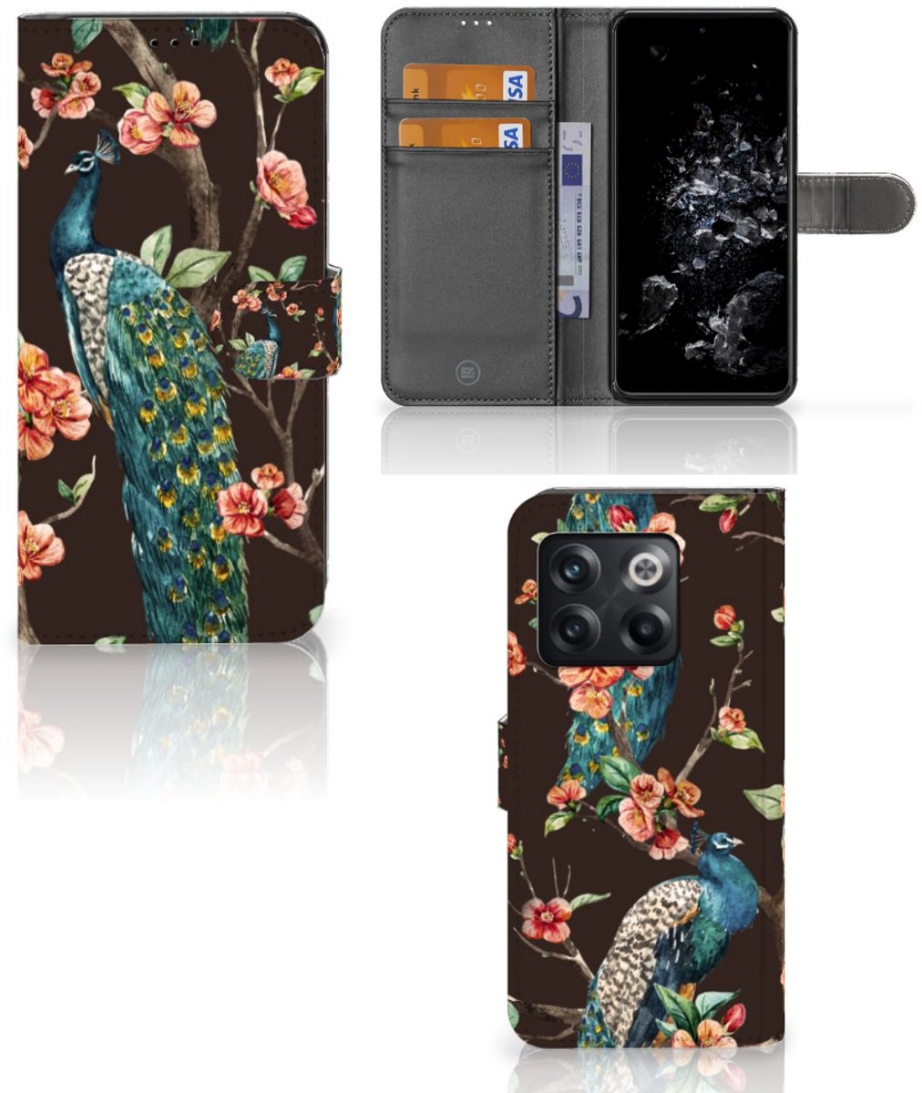OnePlus 10T Telefoonhoesje met Pasjes Pauw met Bloemen