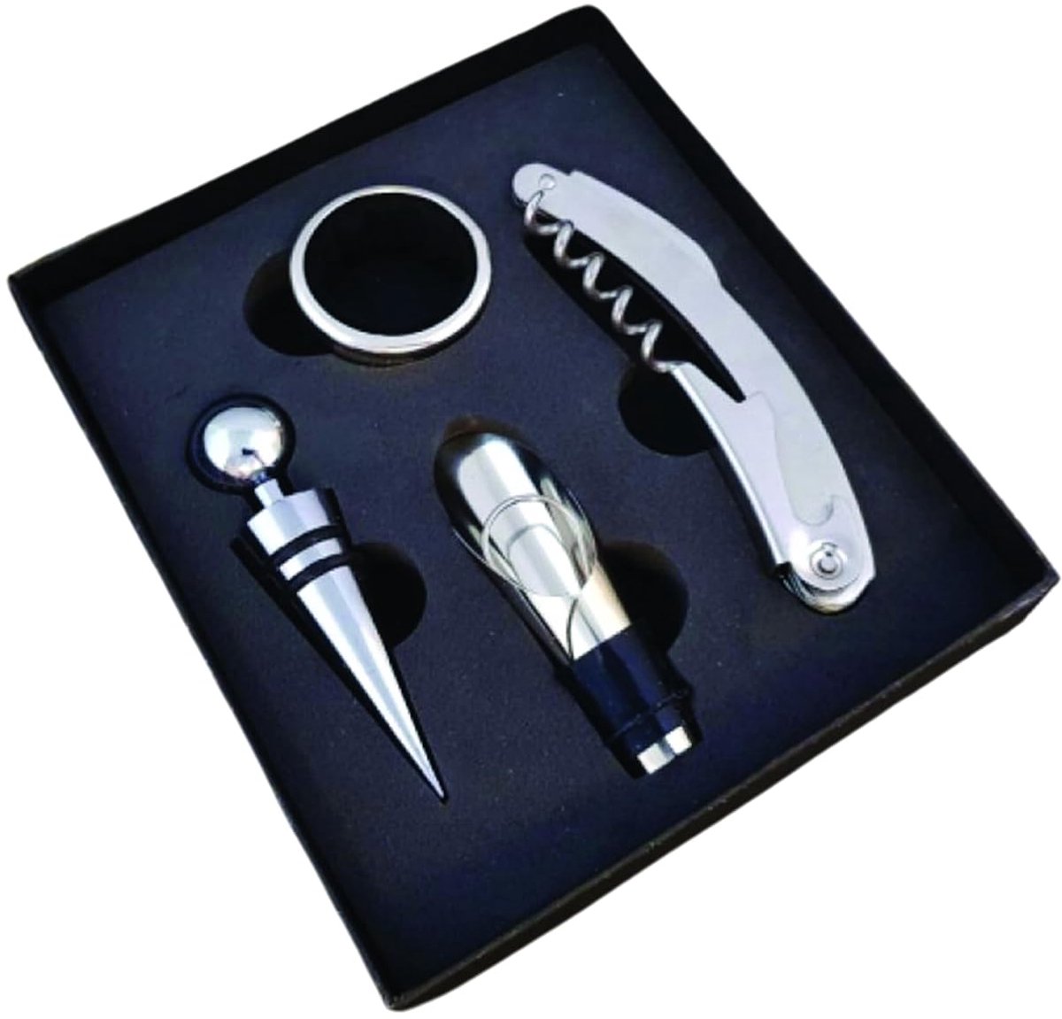 Wijnset met 4 roestvrijstalen accessoires - Kurkentrekker en meer
