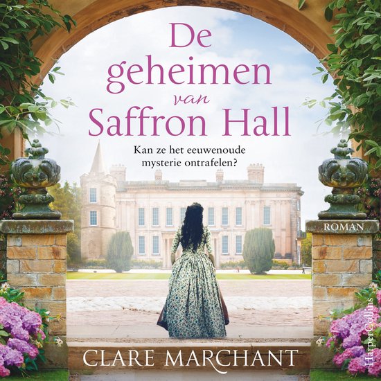 Vrouw in historische jurk kijkt naar Saffron Hall. 'De geheimen van Saffron Hall' door Clare Marchant.
