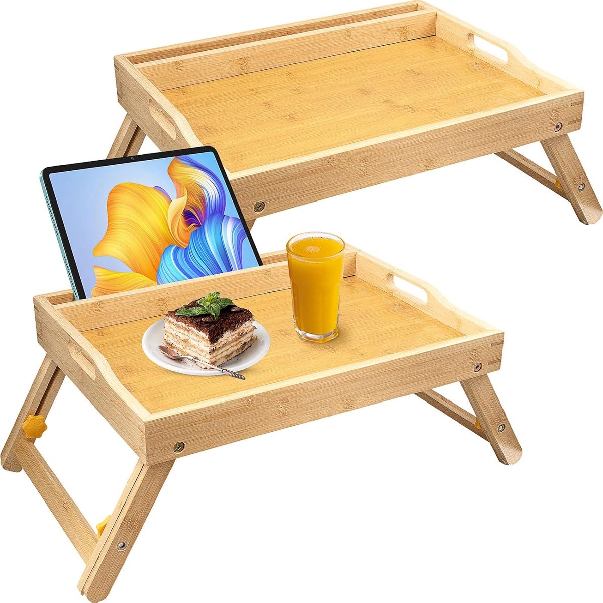 2-Pack Opvouwbare Bamboe Bed Tray met Handvatten en Tablet Houder