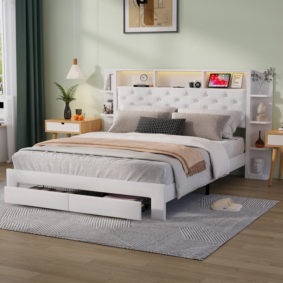 Bedbank – Slaapbank – Logeerbed – Tweepersoonsbed – Opbergbed – 140x200 cm – Gestoffeerd Met USB Oplaadpoort En Instelbare LED-Verlichting