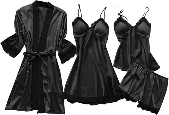 Dames 4-delige satijnen pyjama set met kimono en shorts