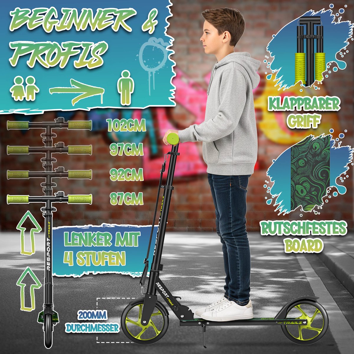 RE:SPORT Citystep voor Kinderen & Volwassenen - Kinderstep - Step met Grote Wielen 200mm - Inklapbaar & Verstelbaar - Tot 100kg - Inclusief Bel & Draagriem - Kickscooter