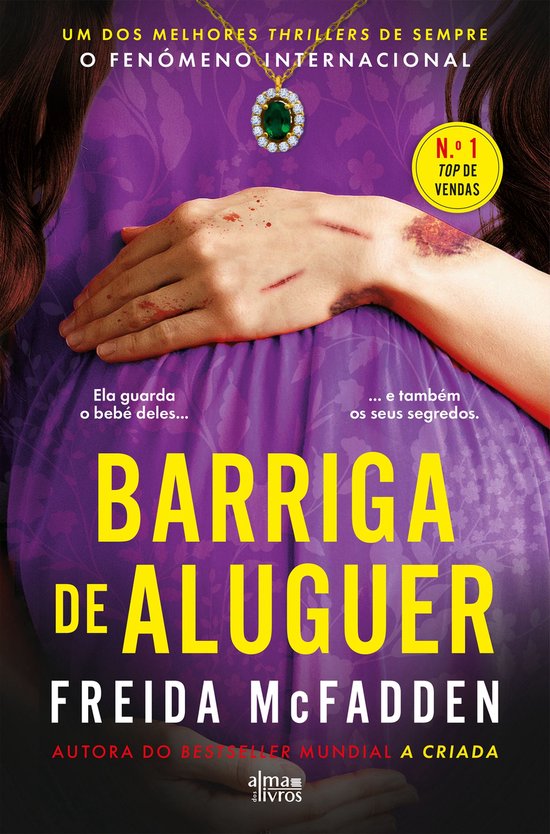 Boekomslag met paarse jurk, een zwangere buik en de titel 'Barriga de Aluguer' door Freida McFadden.