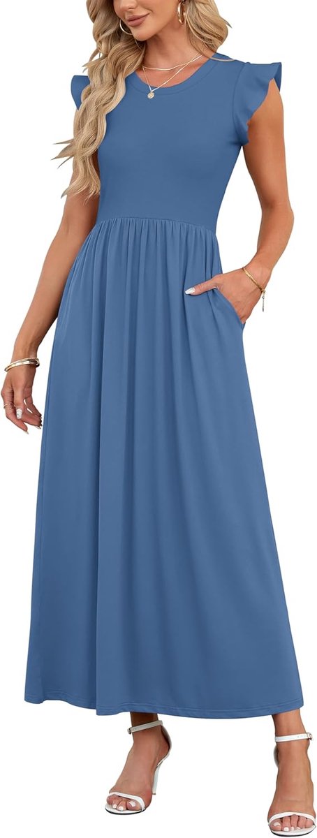 Zomerjurk Dames Lange Rok Korte Mouwen Casual Strandjurk met Zak