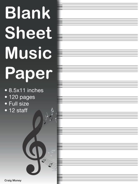 Blanco muziekpapier, 8.5x11 inch, 120 pagina's, 12 notenbalken per pagina.