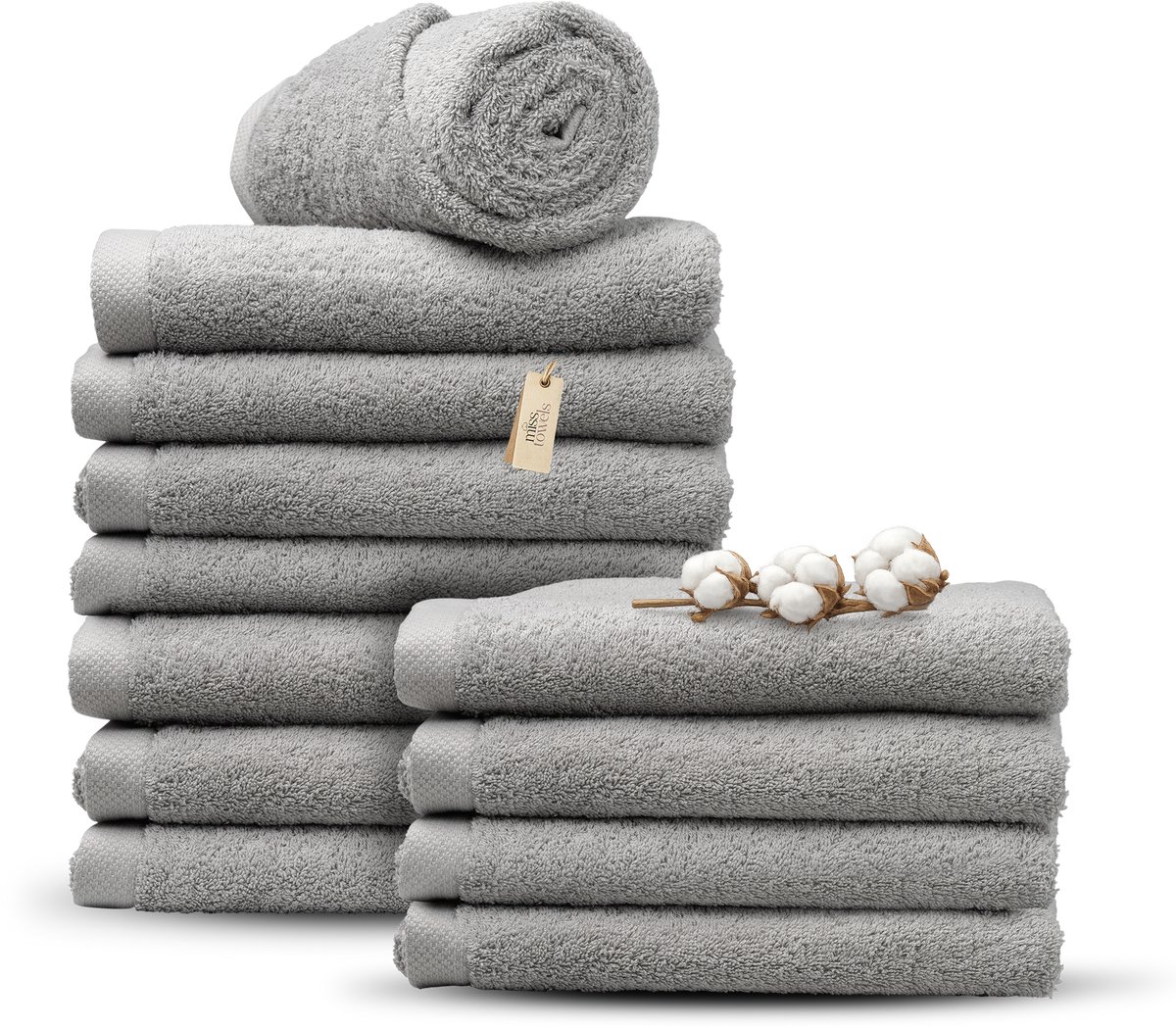 Miss Towels 70x140 Badlakens Set 12 st. - 5 sterren Hotelkwaliteit - Badtextiel - Luxe Badhanddoeken - Zachte Badlakens - Licht Grijs - Made in Portugal