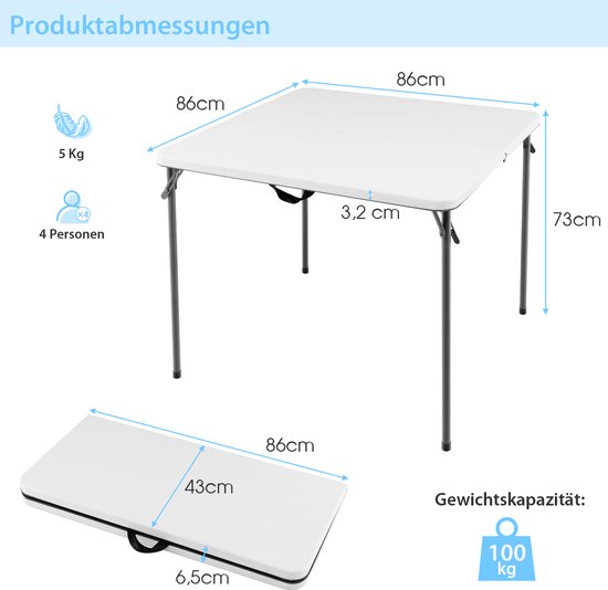 COSTWAY Klaptafel, vierkant, 86 x 86 cm, campingtafel, inklapbaar, tuintafel met HDPE-tafelblad en draaggreep, balkontafel voor 4 personen, draagbare eettafel voor keuken, tuin, camping, wit van Costway — afbeelding 2