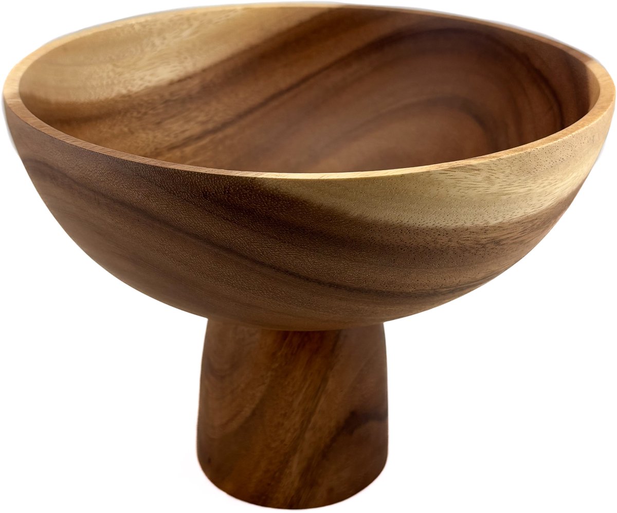 Houten fruitschaal rond op voet - hoogte 20 cm x d 25 cm
