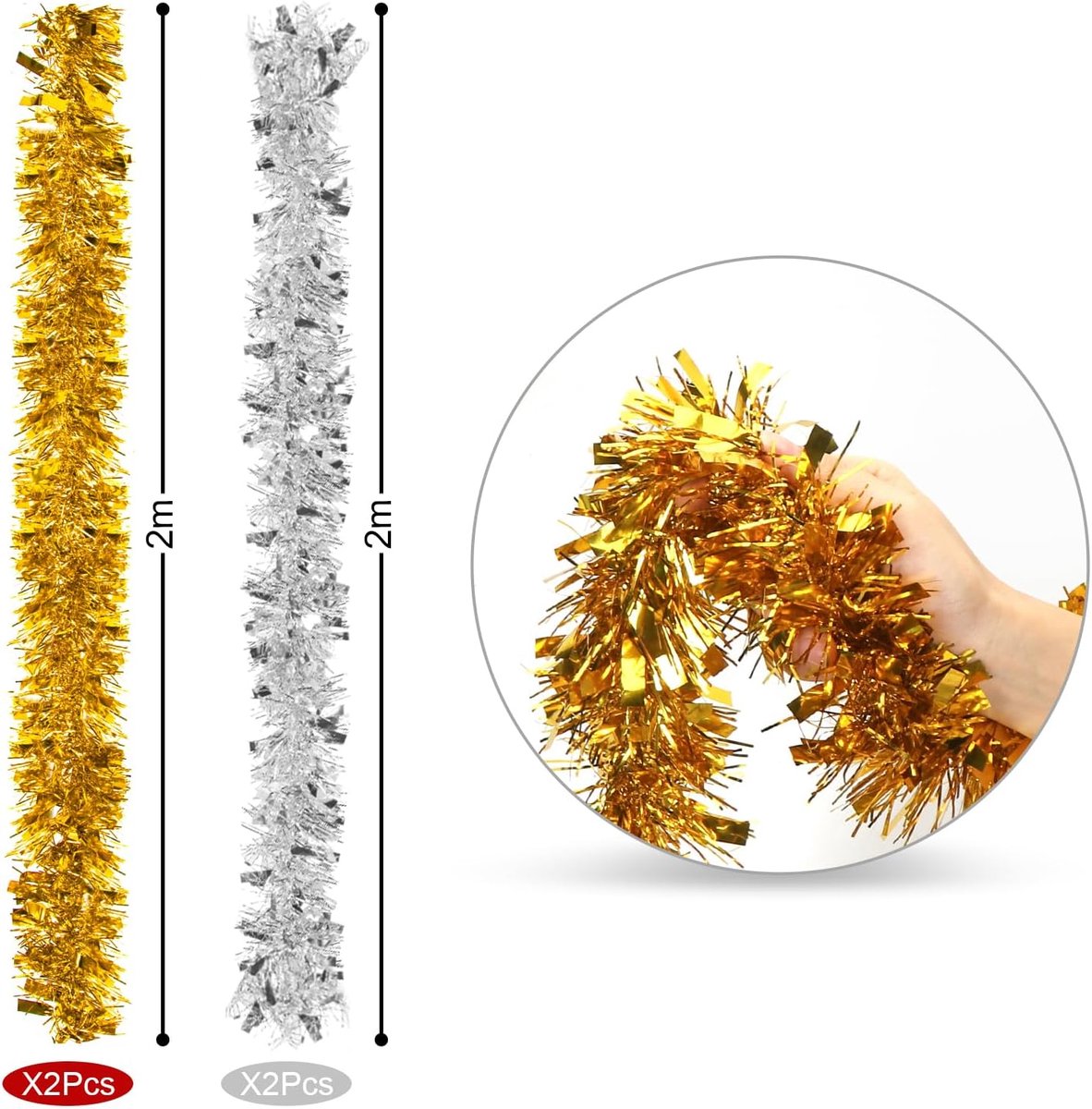 Gouden en Zilveren Lametta Kerstguirlande van 8 meter voor Binnen en Buiten – foto 3
