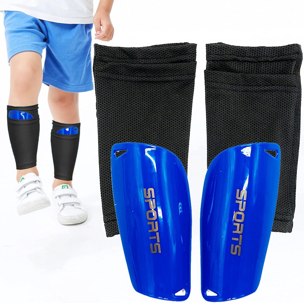 Voetbalscheenbeschermers voor Jeugd, Elastische Mouwen met EVA Kussen voor Optimale Bescherming