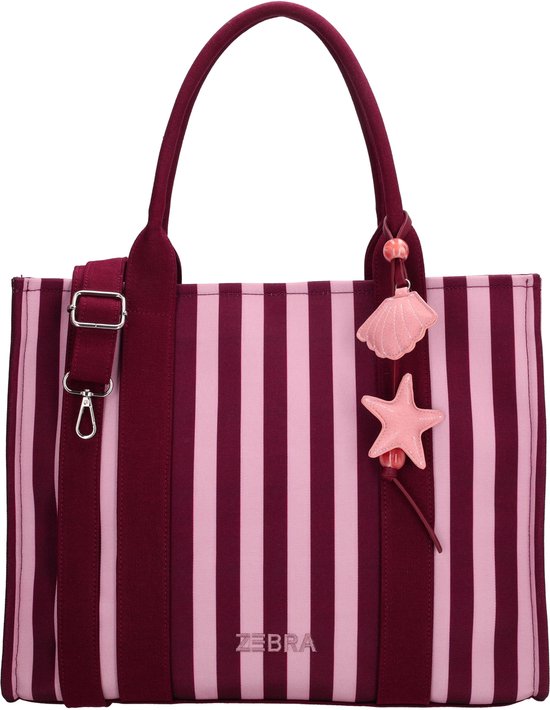Sac fourre-tout bordeaux à rayures roses, logo Zebra, bandoulière et décorations coquillage et étoile.