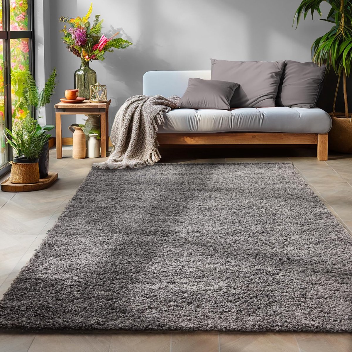 Hoogpolig Vloerkleed Rond 200 cm - Grijs Monochroom Tapijt voor Woonkamer, Slaapkamer en E