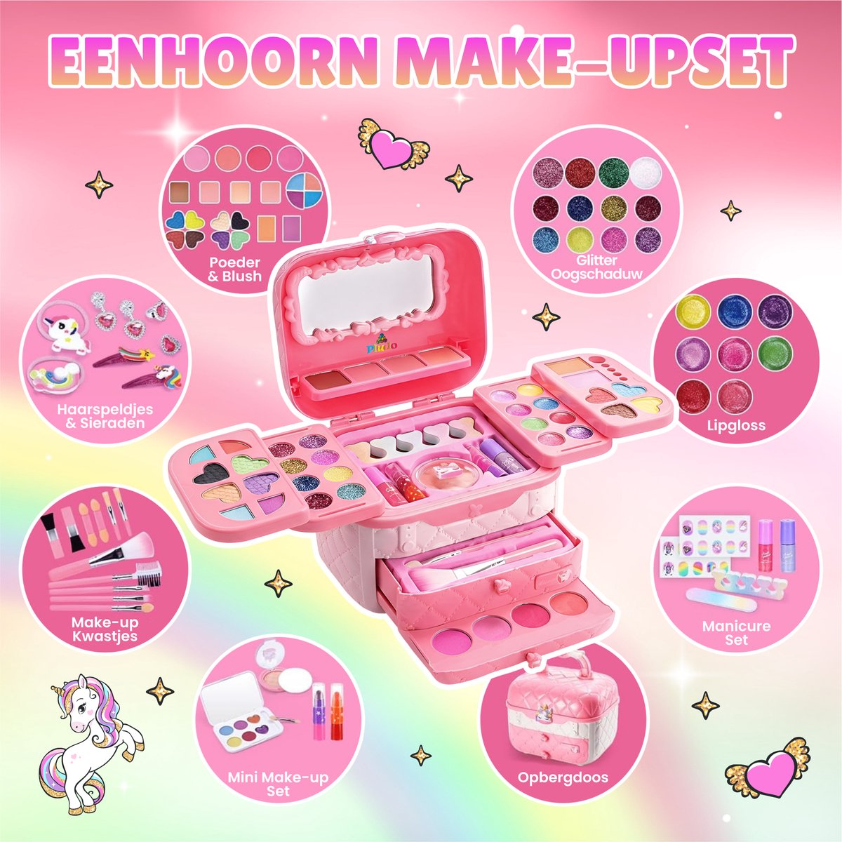 Pludo Kinder Make up - 50 Delige Set - Kinder Make up Koffer - Speelgoed Meisjes - Lipgloss en Nagellak voor Meisjes - Unicorn — afbeelding 4