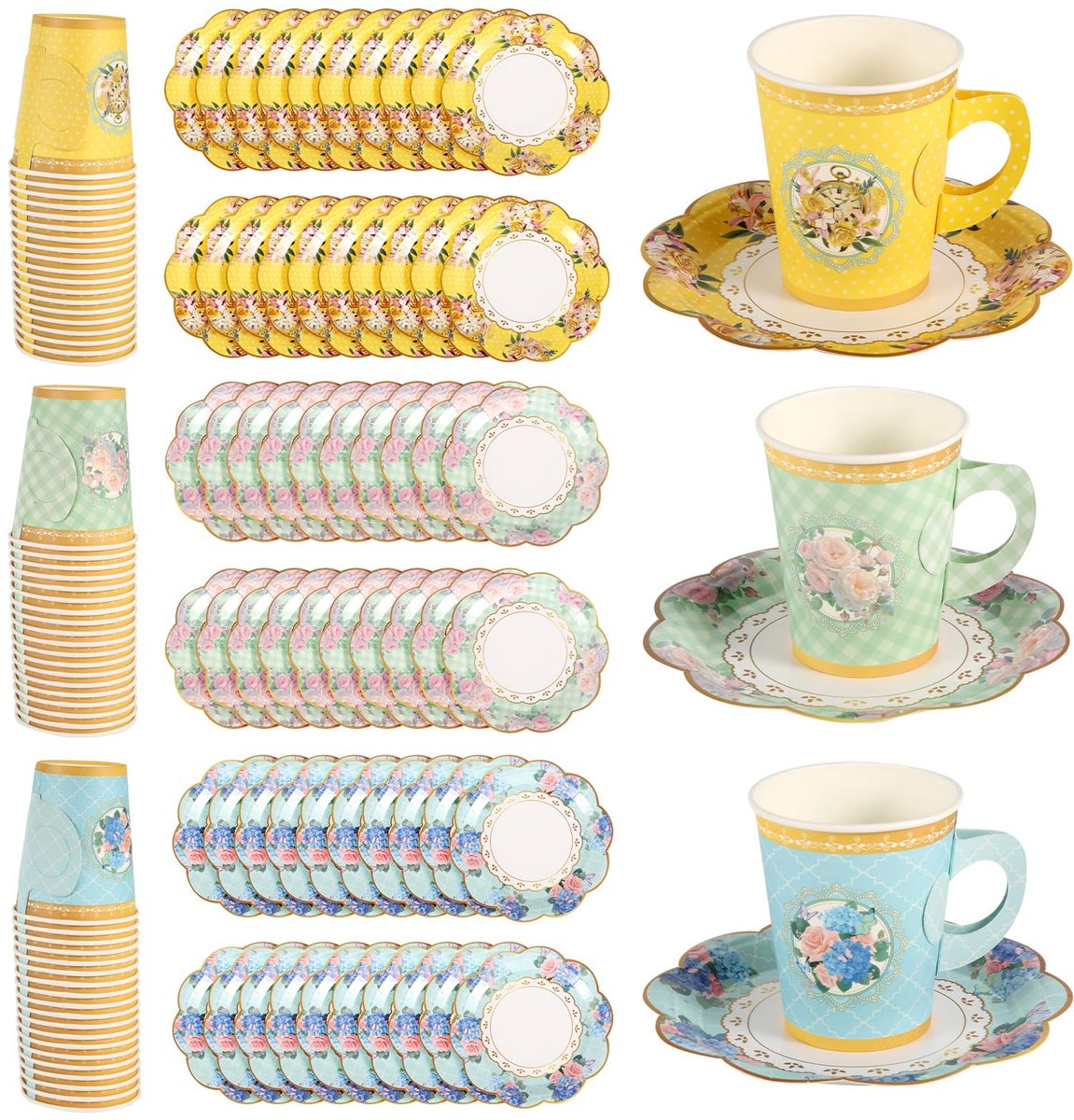 Verwenpakket - 120 Stuks Wegwerp Theekopjes en Bordjes - Lace Onderleggers en Floral Tafelgerei