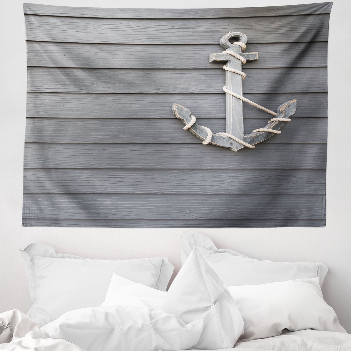 ABAKUHAUS Ankerwandtapijt, Houten wanddecoratie met nautisch touw, 150 x 110 cm, grijs