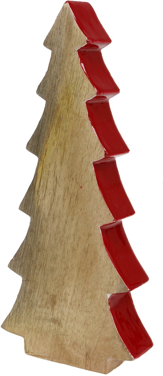 Kerstdecoratie dennenboom hout rood, natuurlijk 28cm
