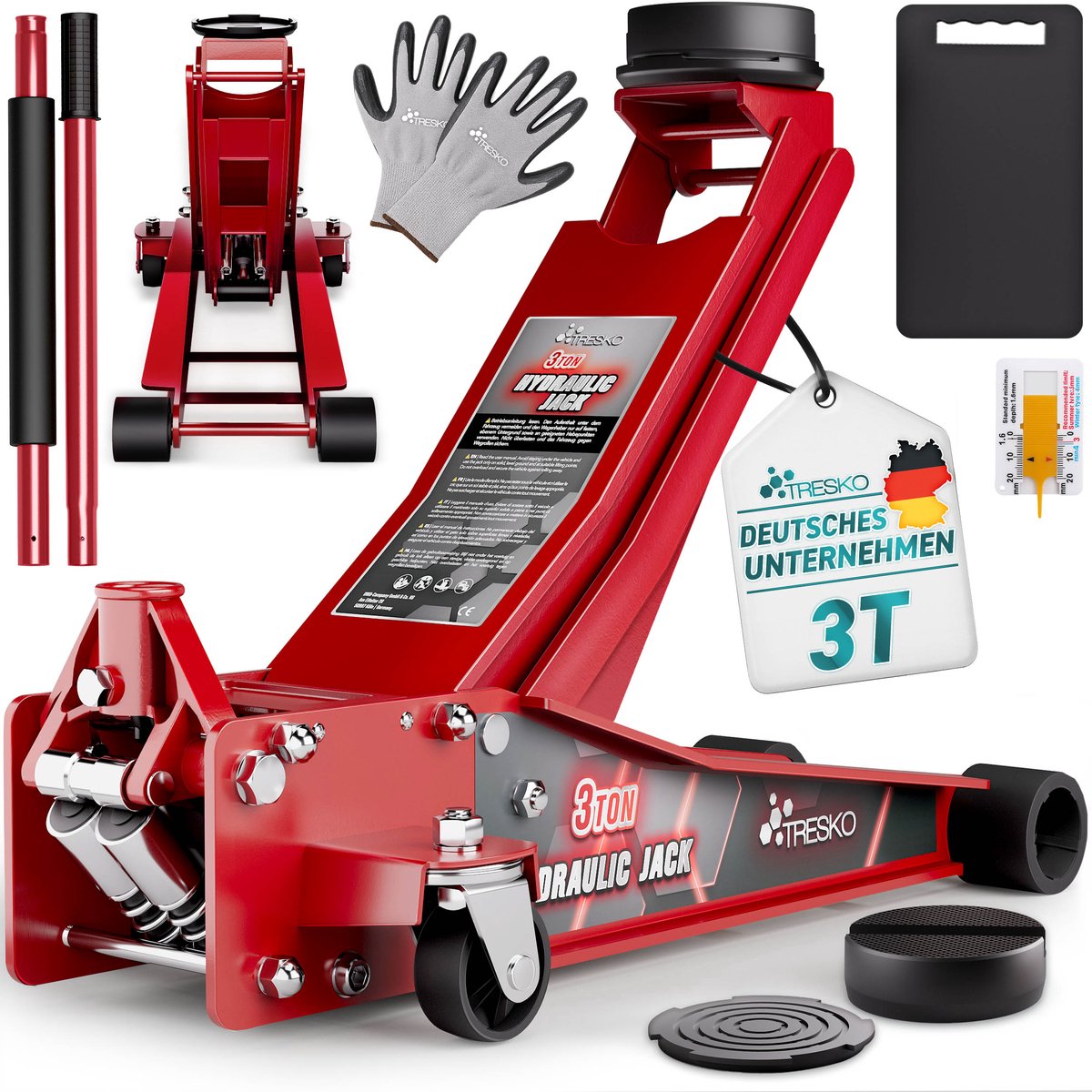 TRESKO Hydraulische garagekrik, 3 ton rood, hefhoogte 75-510 mm, hydraulische garagekrik voor auto, platte krik met dubbele zuiger en 360° wielen, met 2 rubberen pads, beschermmat, handschoenen