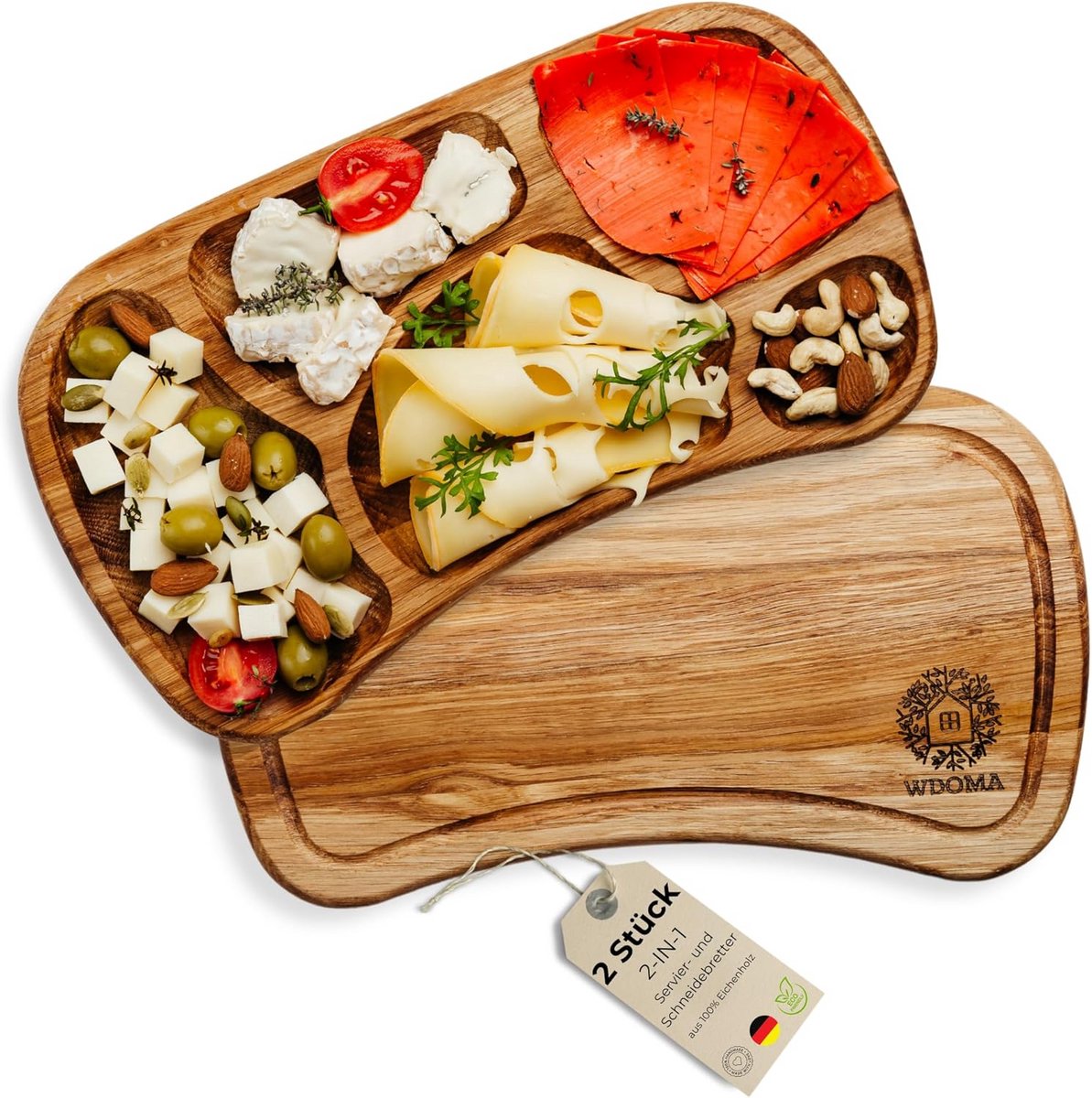 Set van 2 Eikenhouten Ontbijtplanken met Vakken - Serveerplanken voor Snacks en Brood