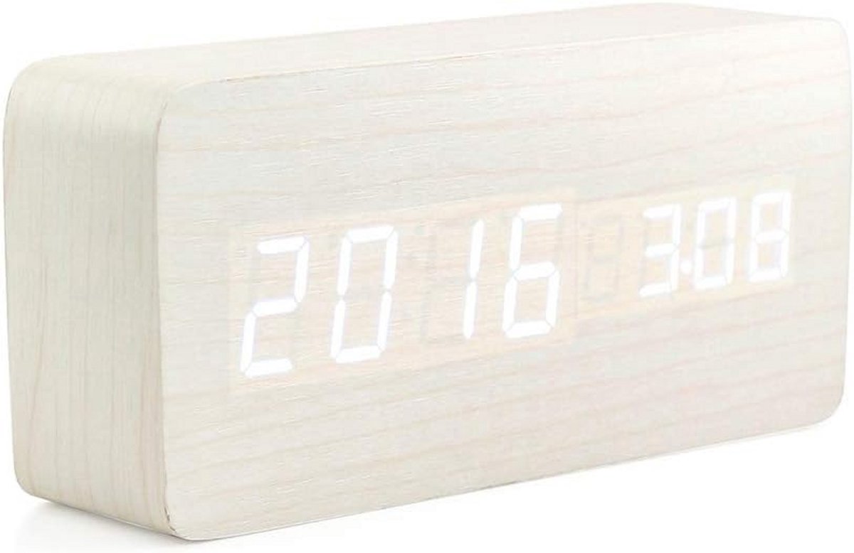 Houten digitale wekker - LED wekker met USB en spraakbediening