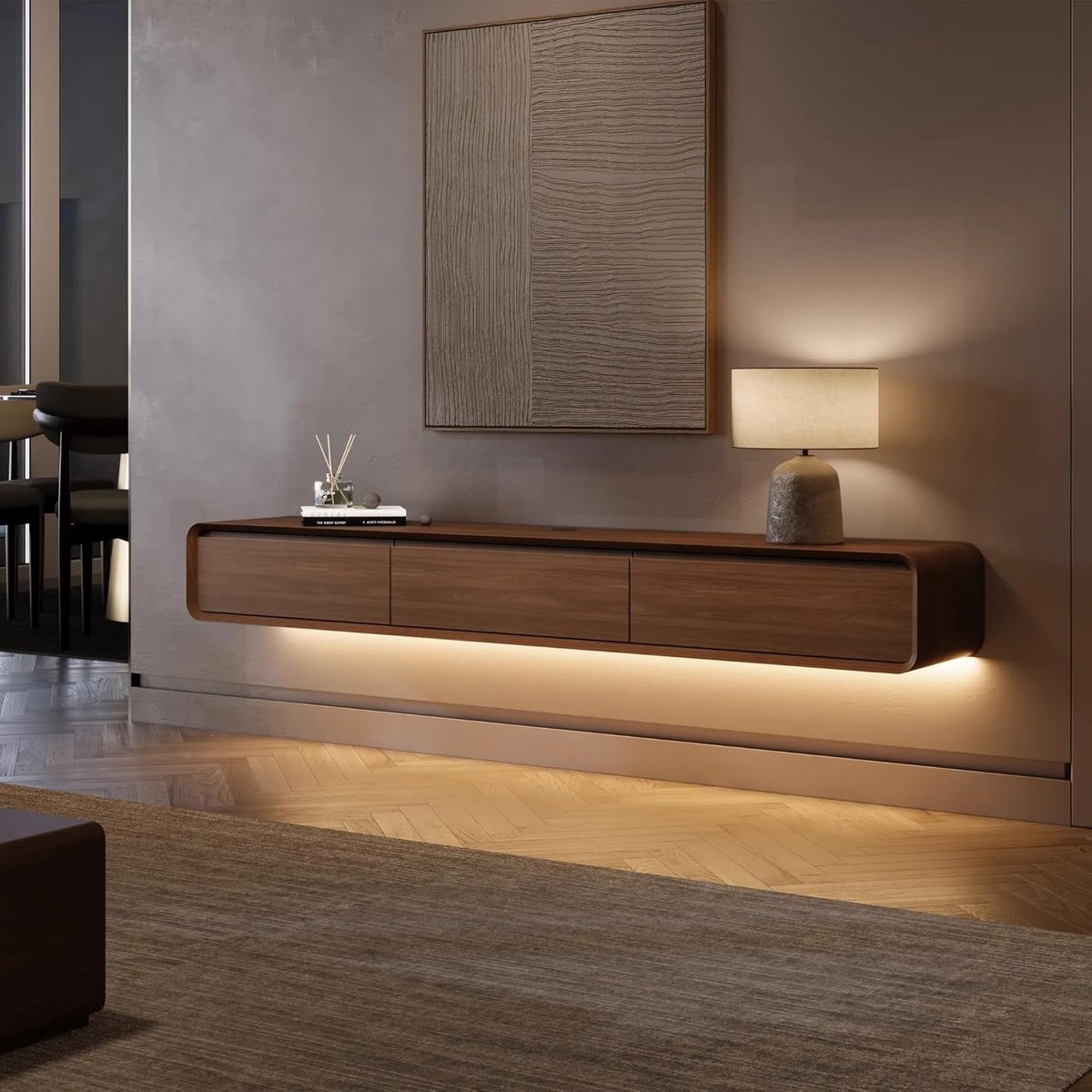 Zwevend TV-meubel 200 cm Modern Walnoothout | 3 Laden, LED Lichtbalk, Kabelmanagement, Opbergruimte | Compact & Duurzaam TV Meubel voor Woonkamer – Abkantoor