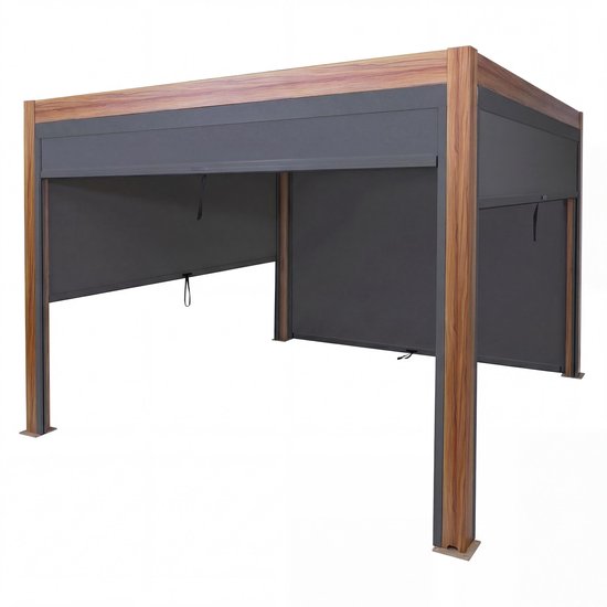 Pergola avec poteaux aspect bois, cadre anthracite et parois latérales grises.