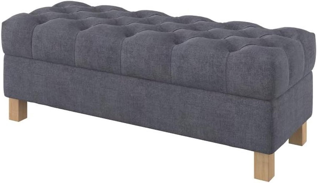 Zitbank met opbergruimte en ruitjessteek | 120 cm | Waterafstotende Softi Grey stof | Zwart houten frame