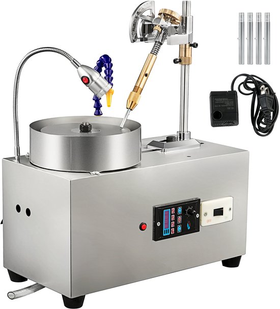 Gepolijste metalen slijpmachine met schijf, lamp, sproeiers, motor, en 4 polijststaven.