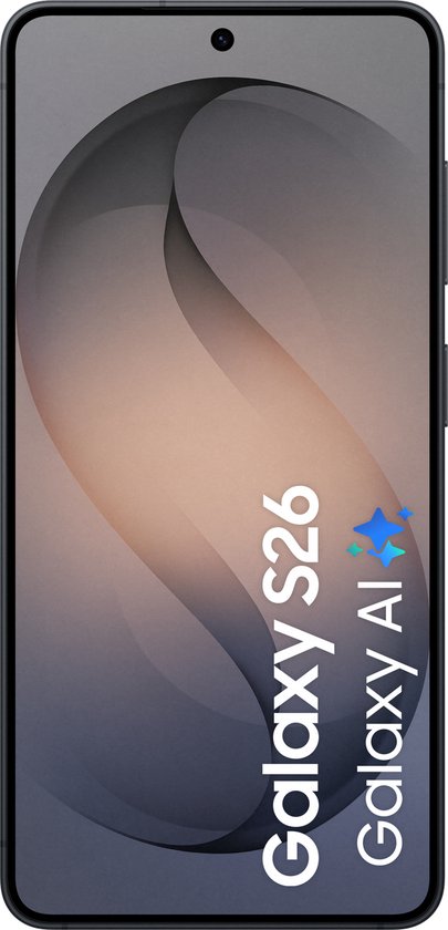 Voorkant van een zwarte Samsung Galaxy S26 smartphone met de tekst 'Galaxy S26 Galaxy AI'.