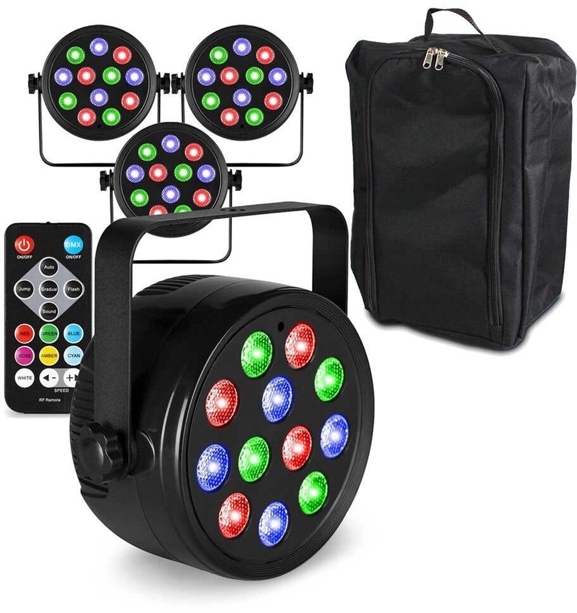 Fuzzix set van 4 PLF12 Party LED parren in flightbag - 12x 2W LED’s - Inclusief afstandsbediening