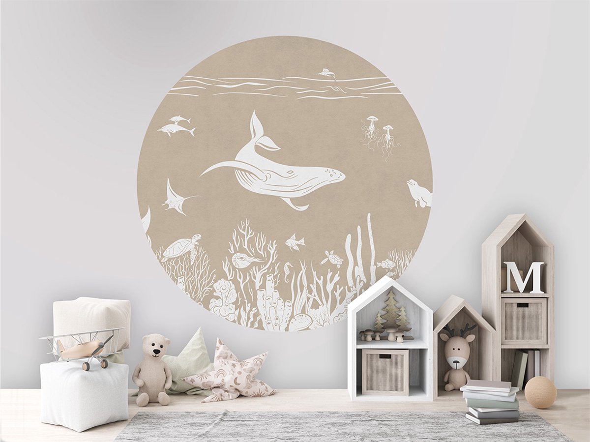 Muursticker - Behangcirkel - Kinderkamer - Decoratie rond - muurdecoratie - ø 100 cm - Onderwaterwereld - Bruin - Monochrome Sea Brown