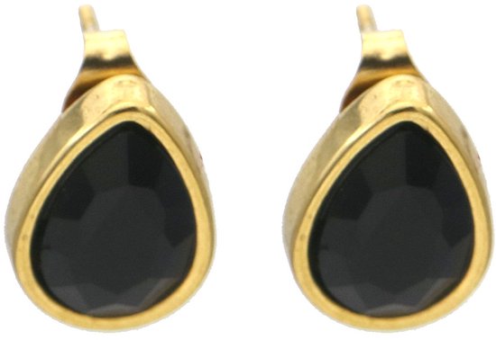 Gouden oorbellen met druppelvormige zwarte kristallen.