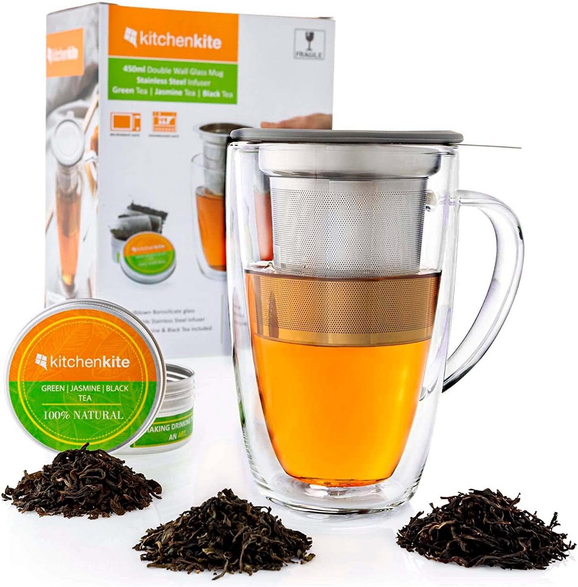 Glazen Thee Zetten Beker met Infuser en Deksel - Dubbelwandig - 450ml